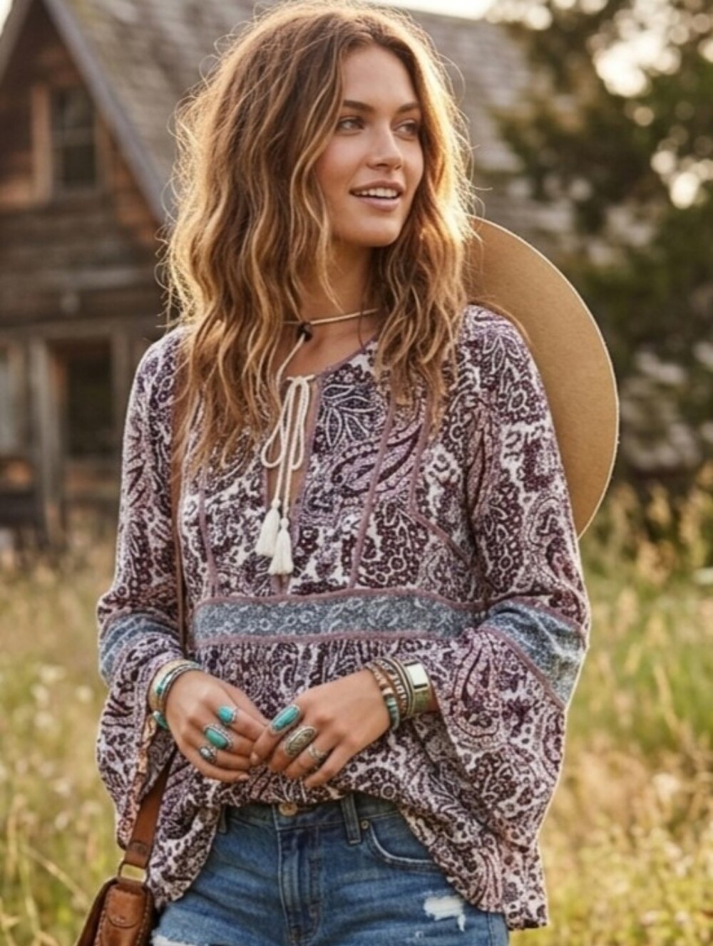 American Eagle Outfitters Floral Paisley Peasant Blouse in Mauve, Blue, Cream